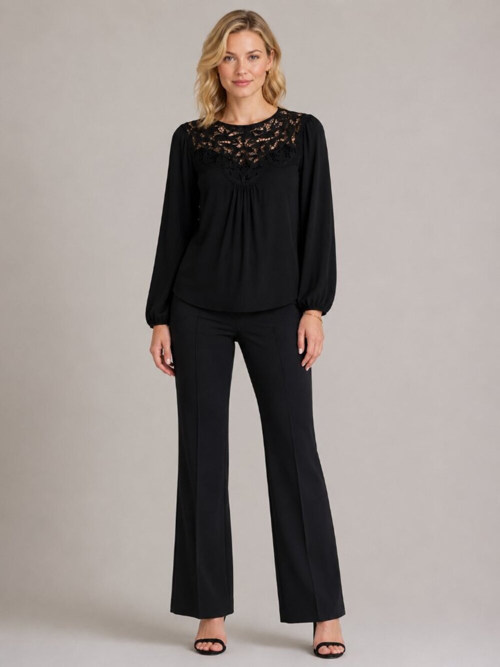 NWT White House Black Market Long Sleeve Lace Insert Top Black L #WHBM13